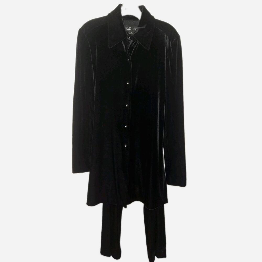 Linda Allard Ellen Tracy 2 Piece Velour Pants Suit US Women's Size 10 Gem Button